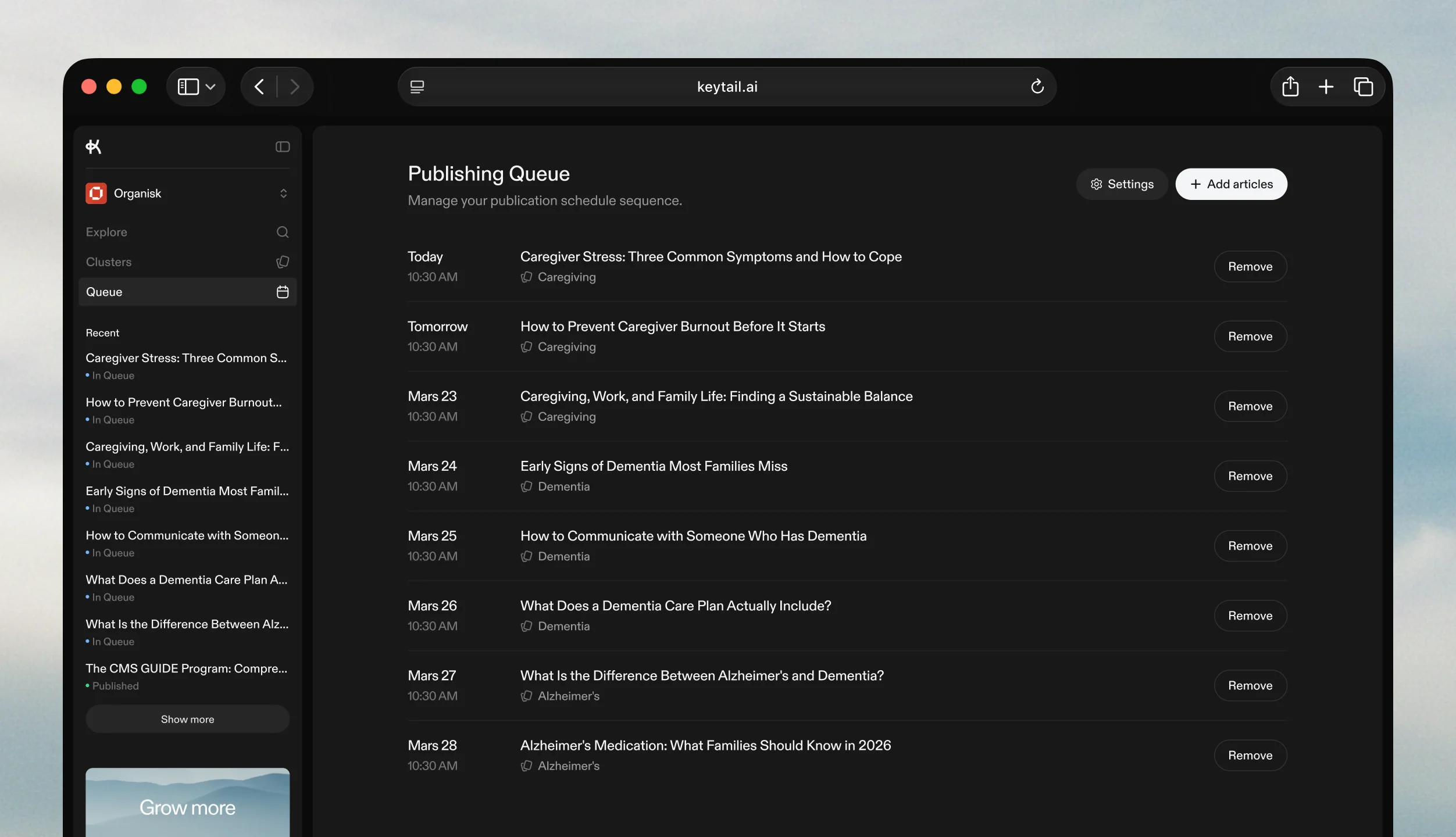 Keytail Publishing Queue showing scheduled healthcare articles across multiple dates with cluster tags and CMS status indicators